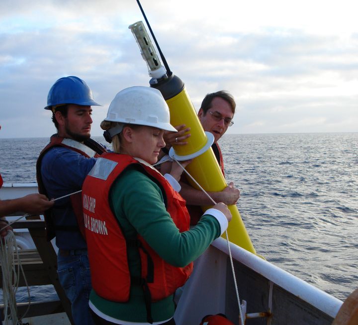 This photo provided by NOAA Corps shows an Argo float being deployed to capture ocean temperature data.