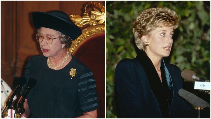 Queen Elizabeth ll (left) delivers her "Annus Horribilis" speech on Nov. 24, 1992. Princess Diana (right) announces she is retiring from public life on Dec. 3, 1993.