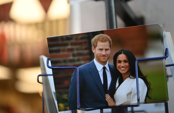 Royal memorabilia featuring Britain's Prince Harry, Duke of Sussex, and Meghan, Duchess of Sussex, is displayed for sale in a store near Buckingham Palace in London, Jan. 10, 2020.