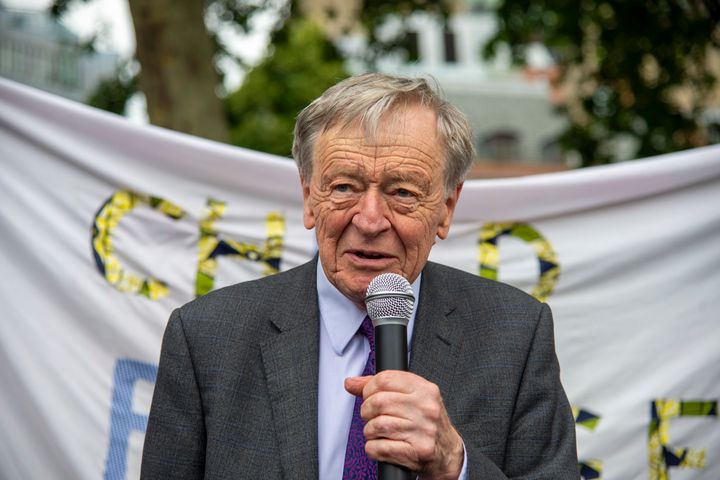 Lord Alf Dubs joins campaigners from Safe Passage UK and Lord Alf Dubs Children Fund at a demonstration in Parliament Square, London in June 2019