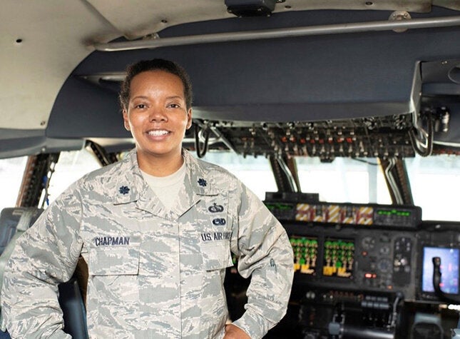 Chapman in the cockpit of a C-5 Galaxy aircraft in October 2018.