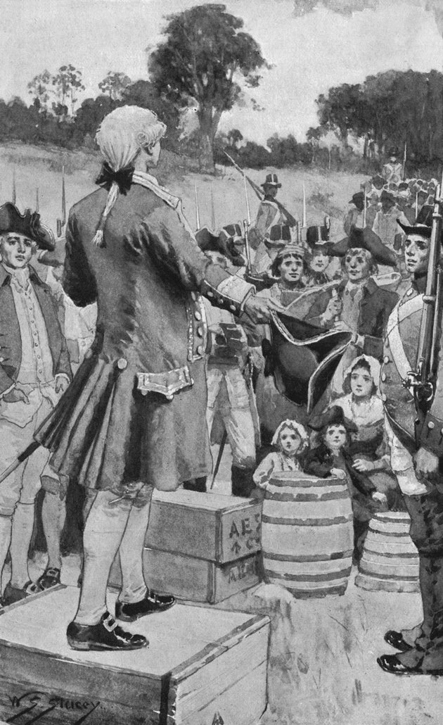 Gov. Arthur Phillip addresses the first settlers upon landing at Sydney Cove on Jan. 26, 1788, which is now known as Invasion Day or Survival Day.