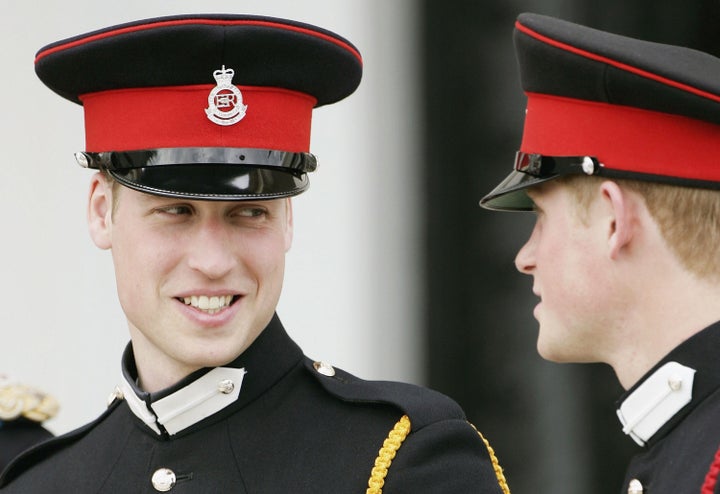 Prince William and Prince Harry at the Sovereign's Parade at Sandhurst Military Academy on April 12, 2006, in Surrey, England.