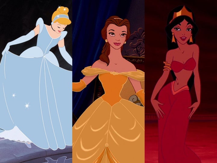 Cenicienta, la Bella y Yasmín, personajes femeninos de Disney. 