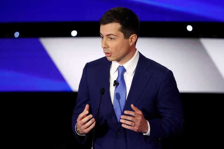 Former South Bend Mayor Pete Buttigieg speaks on Jan. 14, 2020 at the Democratic presidential debate hosted by CNN and the Des Moines Register in Des Moines, Iowa. 