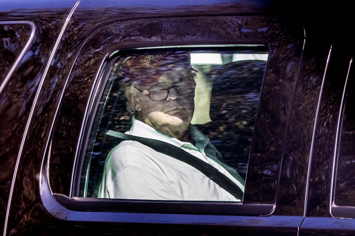 President Donald Trump departs Trump National Golf Club, Sunday, Oct. 22, 2017, in Sterling, Va. (AP Photo/Andrew Harnik)