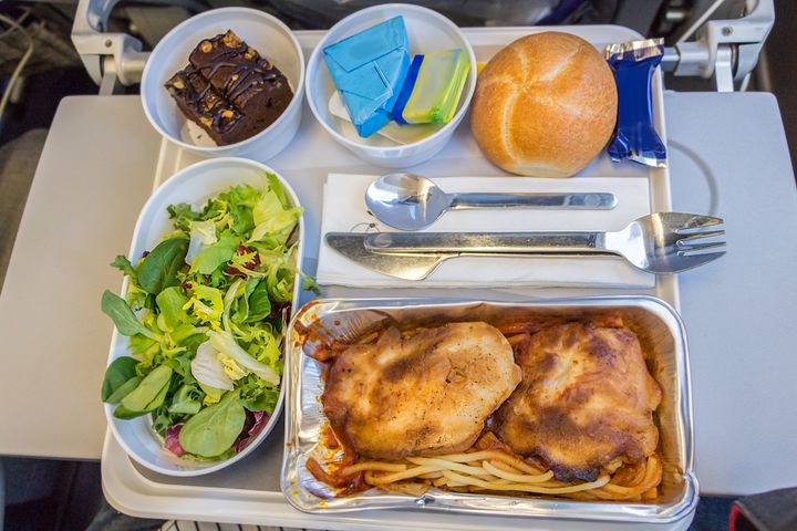 A in-flight meal is seen here on board a flight from Europe to the U.S. in economy class.