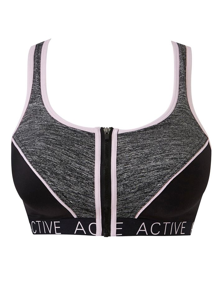 Naturally Close Grey/Black/Pink Zip Front Active Wear High Impact Sports Bra, Simply Be