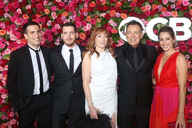 Sam Springsteen, left, pictured with his Sirius XM host brother, Evan, his mother, Patti Scialfa, his father, Bruce, and his equestrian rider sister, Jessica, at the Tony Awards in 2018.