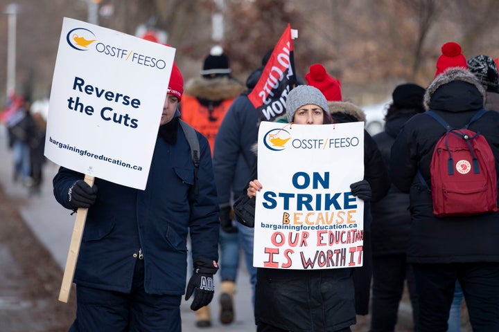 High school teachers picket outside the Bickford Centre in Toronto on Dec. 11, 2019.