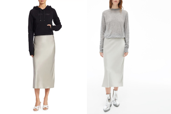 Left to right: Helmut Lang Double Satin Slip Skirt, $540; Topshop Matte Satin Skirt, $55