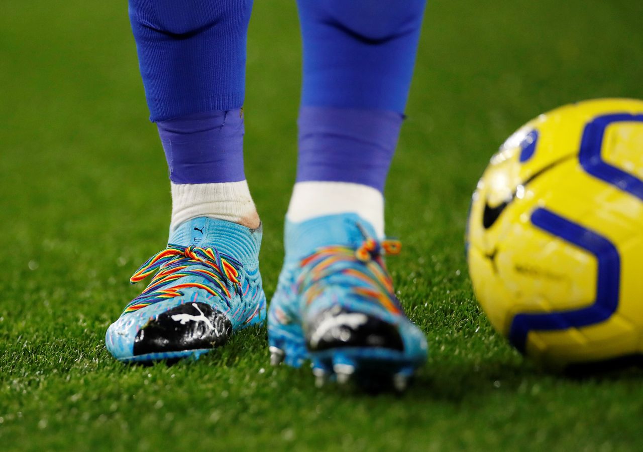 Rainbow laces worn by Leicester City's James Maddison in support of the Stonewall Rainbow Laces campaign in December 2019
