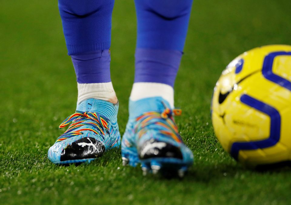 Rainbow laces worn by Leicester City's James Maddison in support of the Stonewall Rainbow Laces campaign in December 2019