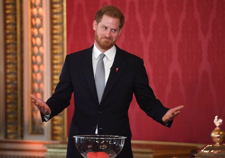 Harry makes a face during the event at Buckingham Palace. The Rugby League World Cup 2021 will take place from October 23 through November 27, 2021, in 17 cities across England.