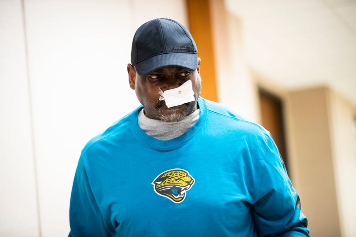 Gerald Goines, who was among four officers shot in the botched 2019 raid, arrives at the 338th District Criminal Court on Jan. 9, 2020, in Houston.