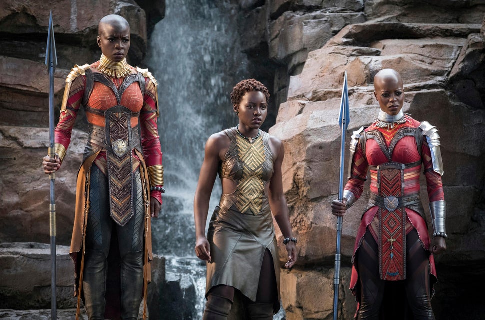 Next to Nyong'o flanked by Danai Gurira, left, and Florence Kasumba in "Black Panther."