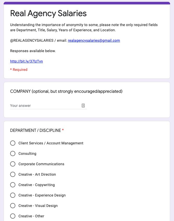A screenshot of the Google Form collecting salary information for workers in creative agencies.