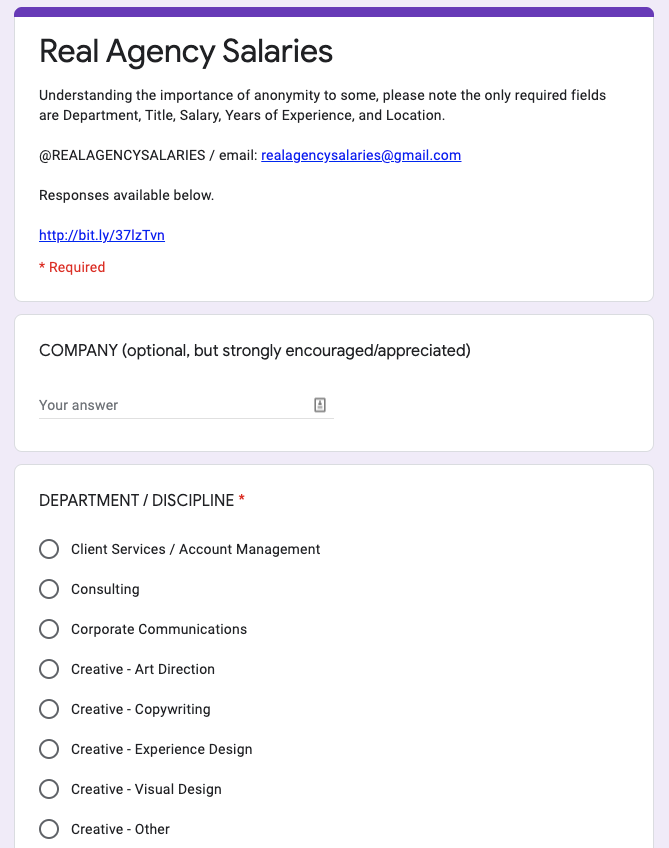 A screenshot of the Google Form collecting salary information for workers in creative agencies.