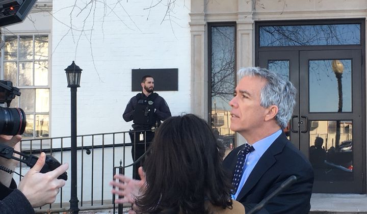 GOP presidential candidate Joe Walsh brings his complaint about canceled primaries and caucuses to Republican National Committee headquarters on Jan. 16.