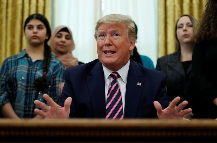 President Donald Trump speaks during an event to announce new guidance on constitutional prayer in public schools inside the Oval Office at the White House in Washington, U.S., January 16, 2020. 