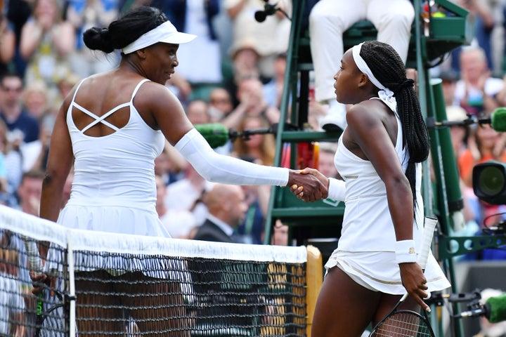 Venus Williams congratulated Coco Gauff after the first-round match at the 2019 Wimbledon Championships on July 1, 2019.