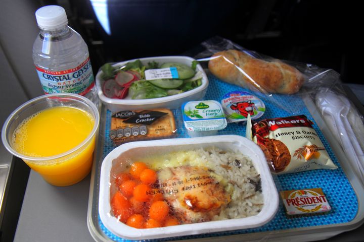 An in-flight meal is served on an American Airlines flight.