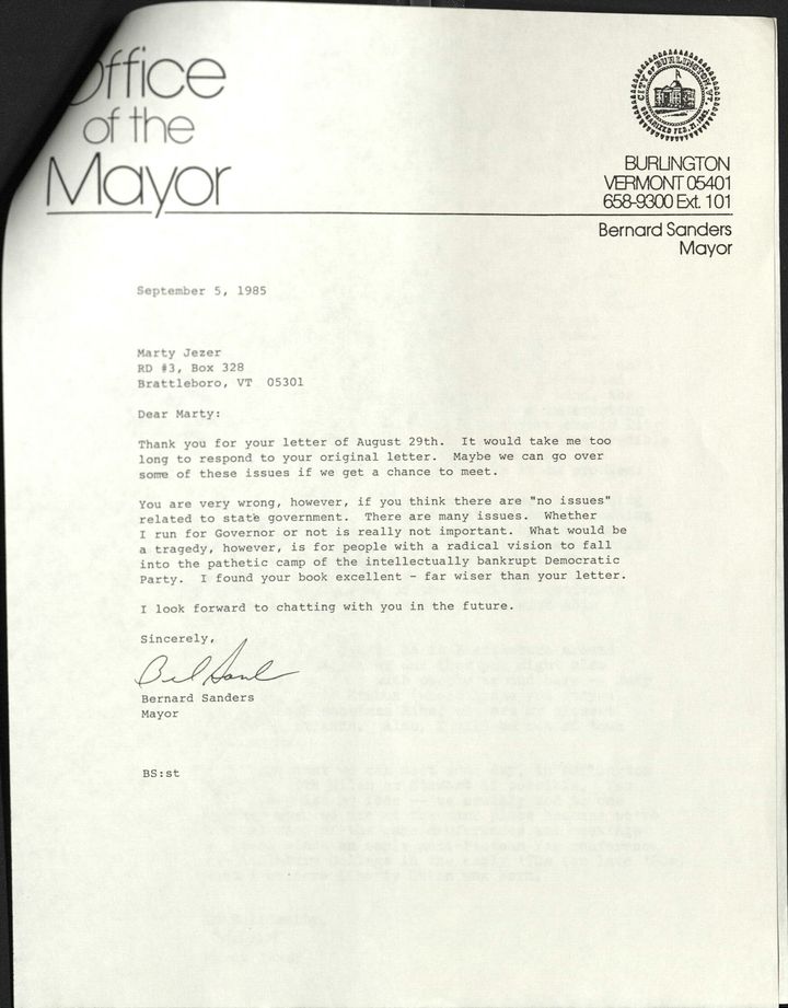 A Sept. 5, 1985, letter from then-Burlington, Vermont, Mayor Bernie Sanders to Marty Jezer, a progressive activist.