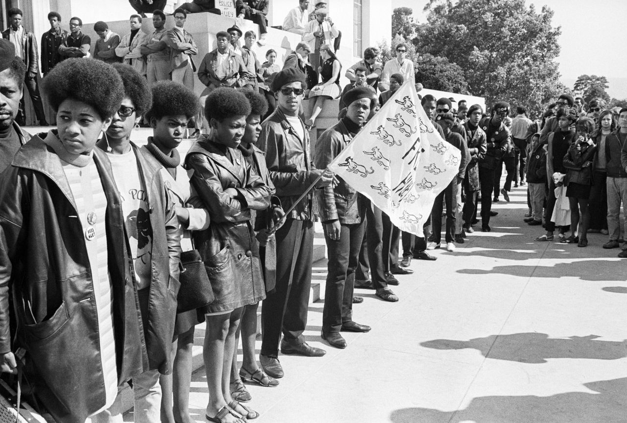 Black Panther Party members and sympathizers gathered outside the courthouse in Oakland during the 1968 trial in which party leader Huey Newton was found guilty of voluntary manslaughter in the killing of a police officer. The conviction was overturned on appeal and the charges against Newton eventually were dropped.