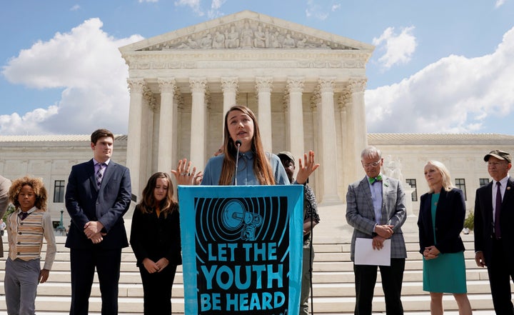 Kelsey Juliana, a lead plaintiff in the climate lawsuit against the federal government, speaks outside the Supreme Court in S
