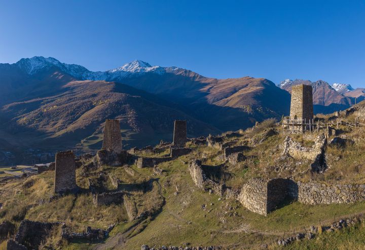Mountain landscape and medieval architecture of North Ossetia. Shot on a drone.