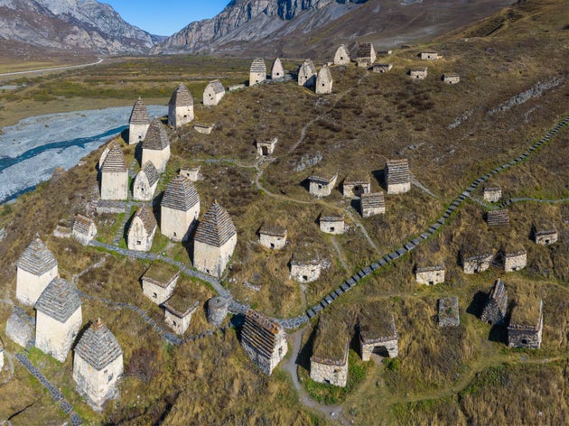 Dargavs, the medieval city of the dead in the mountains of the Caucasus. North Ossetia. Shot on a drone.