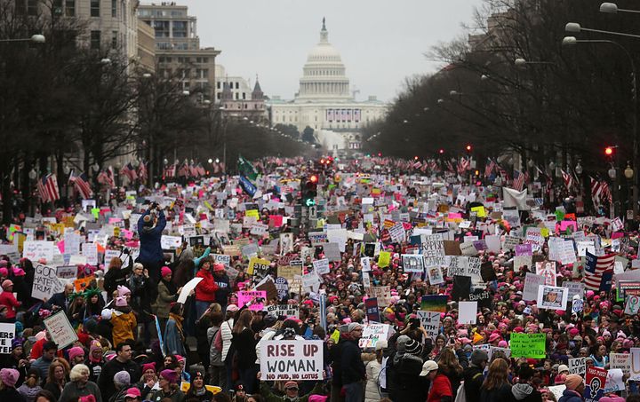 An altered version of this photo of the 2017 Women's March is on display at the National Archives.