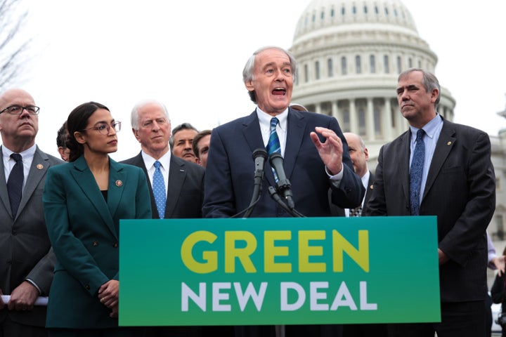 Sen. Ed Markey (D-Mass.) unveils the Green New Deal resolution alongside Rep. Alexandria Ocasio-Cortez (D-N.Y.) in Feb. 2019.