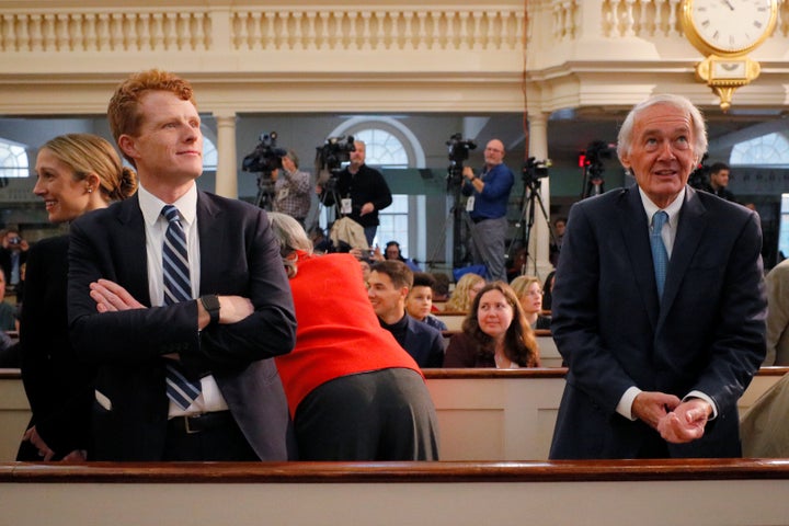 Kennedy and Markey attend a speech by Sen. Elizabeth Warren (D-Mass.) in Boston on Dec. 31. Both men have endorsed her White House bid.