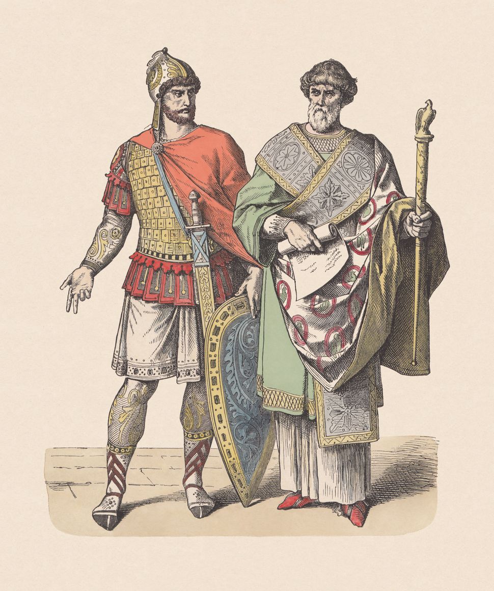 Byzantine soldier and chancellor. Hand colored wood engraving, published c. 1880.