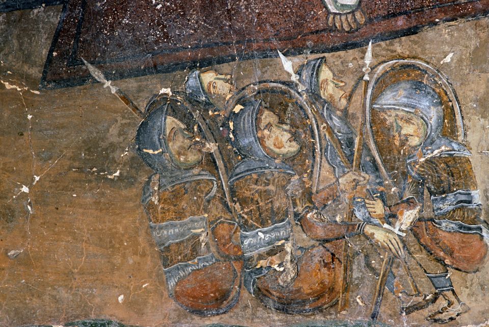GREECE - JULY 24: Soldiers, fresco in the Byzantine church of Agios Georgios, Apodoulou, Crete, Greece. (Photo by DeAgostini/Getty Images)