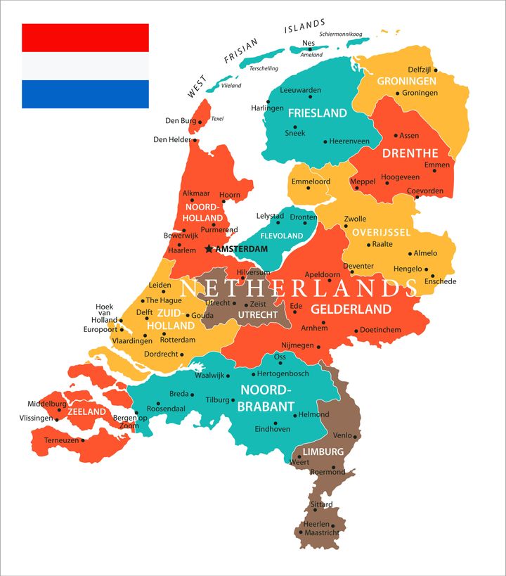 オランダの地図。中央部にある「北ホラント州」と「南ホラント州」がホラント地方。
