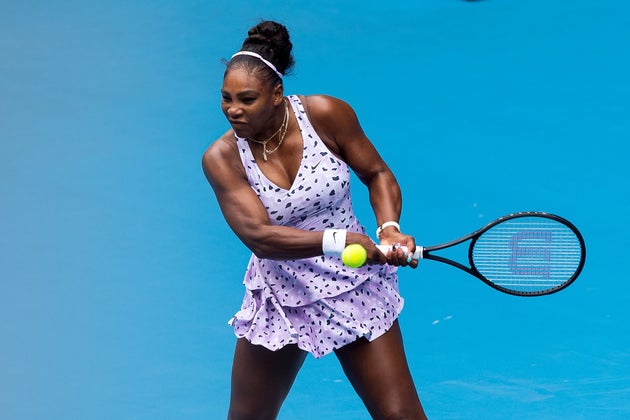 Serena Williams of USA plays a forehand during round one of the Australian Open Tennis at Melbourne Park Tennis Centre on January 20, 2020 in Melbourne, Australia.