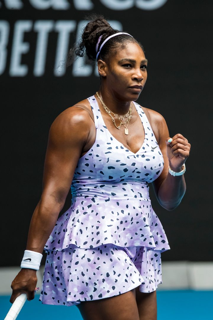 Serena Williams of the United States of America celebrates after winning a game during the first round of the 2020 Australian Open on January 20 2020, at Melbourne Park in Melbourne, Australia. 