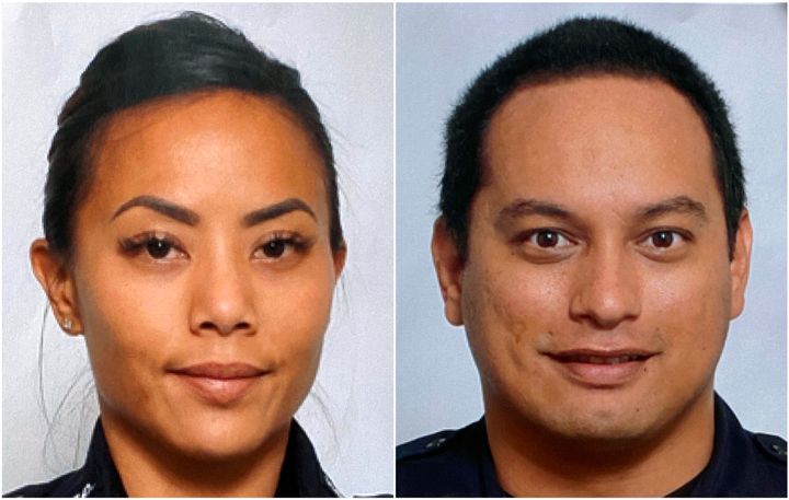 This undated photo provided by the Honolulu Police Department shows Officers Tiffany Enriquez, left, and Kaulike Kalama. Enriquez and Kalama were killed Sunday while responding to a call. 