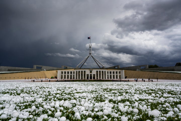 Golf ball-sized hail is shown at Parliament House on January 20, 2020 in Canberra, Australia. 