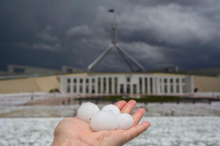 Golf ball-sized hail is shown at Parliament House on January 20, 2020 in Canberra, Australia. 