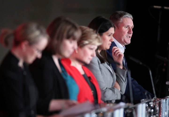 Rebecca Long-Bailey, Jess Phillips, Emily Thornberry, Lisa Nandy and Keir Starmer on stage during the first Labour leadership hustings at the ACC Liverpool