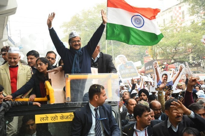 Chief Minister Arvind Kejriwal during the roadshow. 