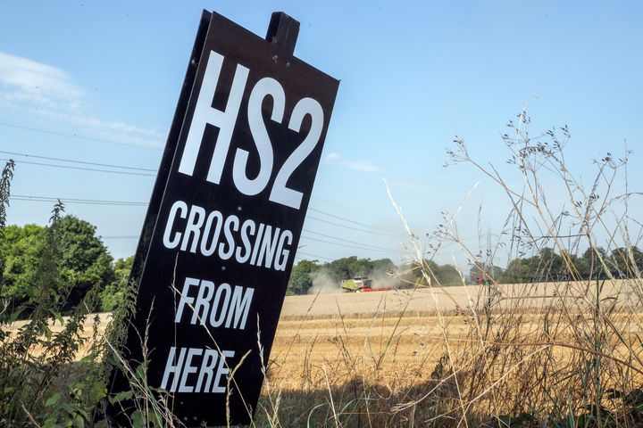 A HS2 sign near the village of South Heath in Buckinghamshire