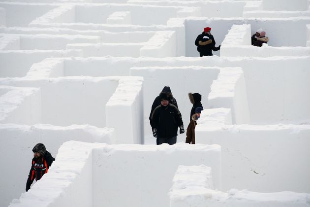 People find their way around Manitoba's Guinness World Record holding Snow Maze just south of Winnipeg in St. Adolphe on Jan. 11, 2020. 