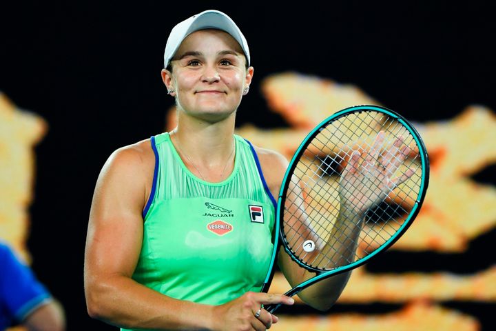 Australia's Ash Barty celebrates her victory against Ukraine's Lesia Tsurenko during their women's singles match on day one of the Australian Open tennis tournament in Melbourne on January 20, 2020. 