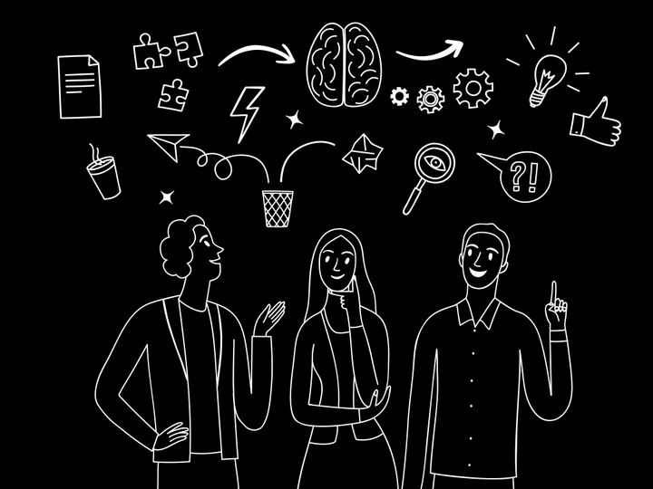 People talking and thinking together. White on black drawing. Including doodle elements. Brainstorm and teamwork illustration for your design.