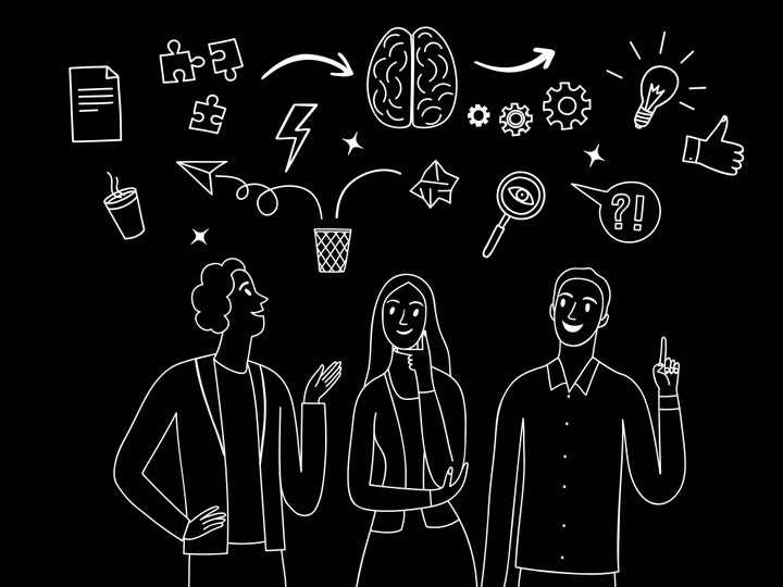 People talking and thinking together. White on black drawing. Including doodle elements. Brainstorm and teamwork illustration for your design.