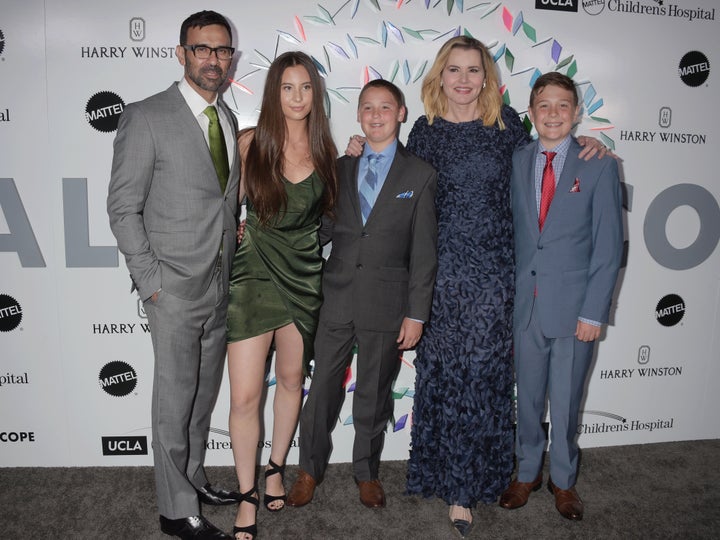 Reza Jarrahy, Alizeh Keshvar Davis Jarrahy, Kian William Jarrahy, Geena Davis and Kaiis Steven Jarrahy at an event in May 2017.